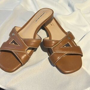 Camel colored slide flat sandals- leather sole